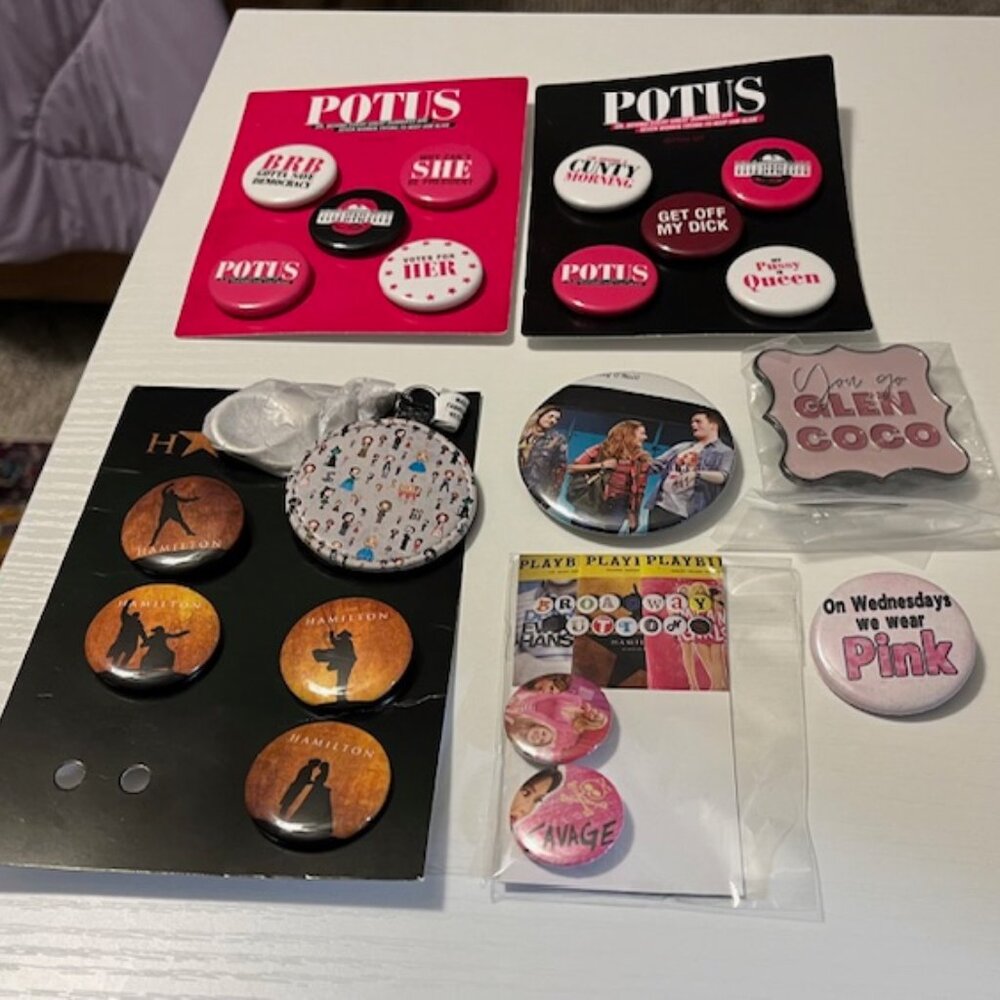 19 Broadway buttons-POTUS, Mean Girls, Hamilton & Hamilton Keychain - some NSFW